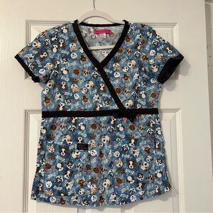 Betsey Johnson Blue Dog Print Scrub Top
